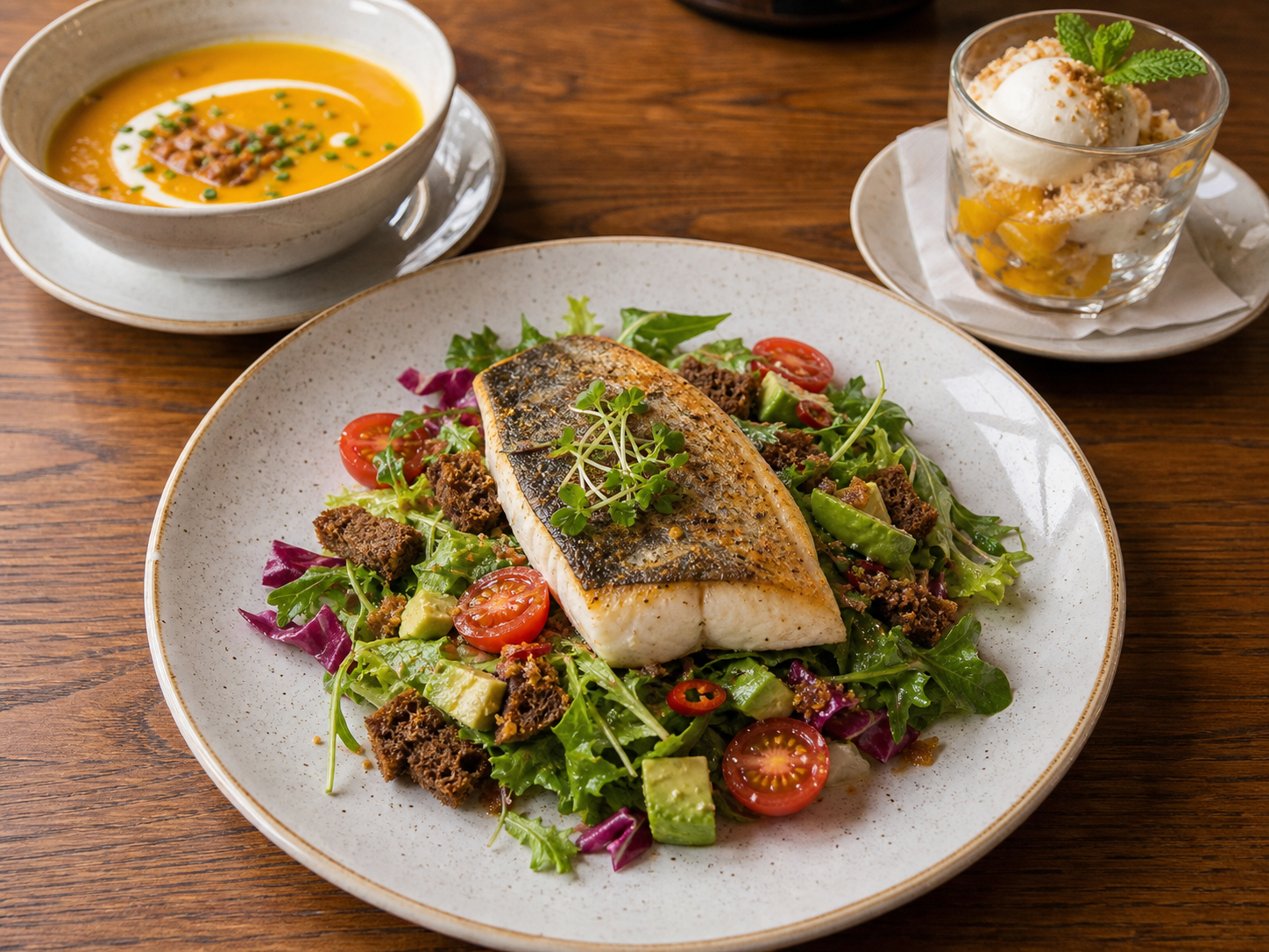 Gegrilltes Zanderfilet auf Avocado-Chilli-Schwarzbrotsalat mit Karotten-Ingwer-Cremesuppe und Mangodessert
