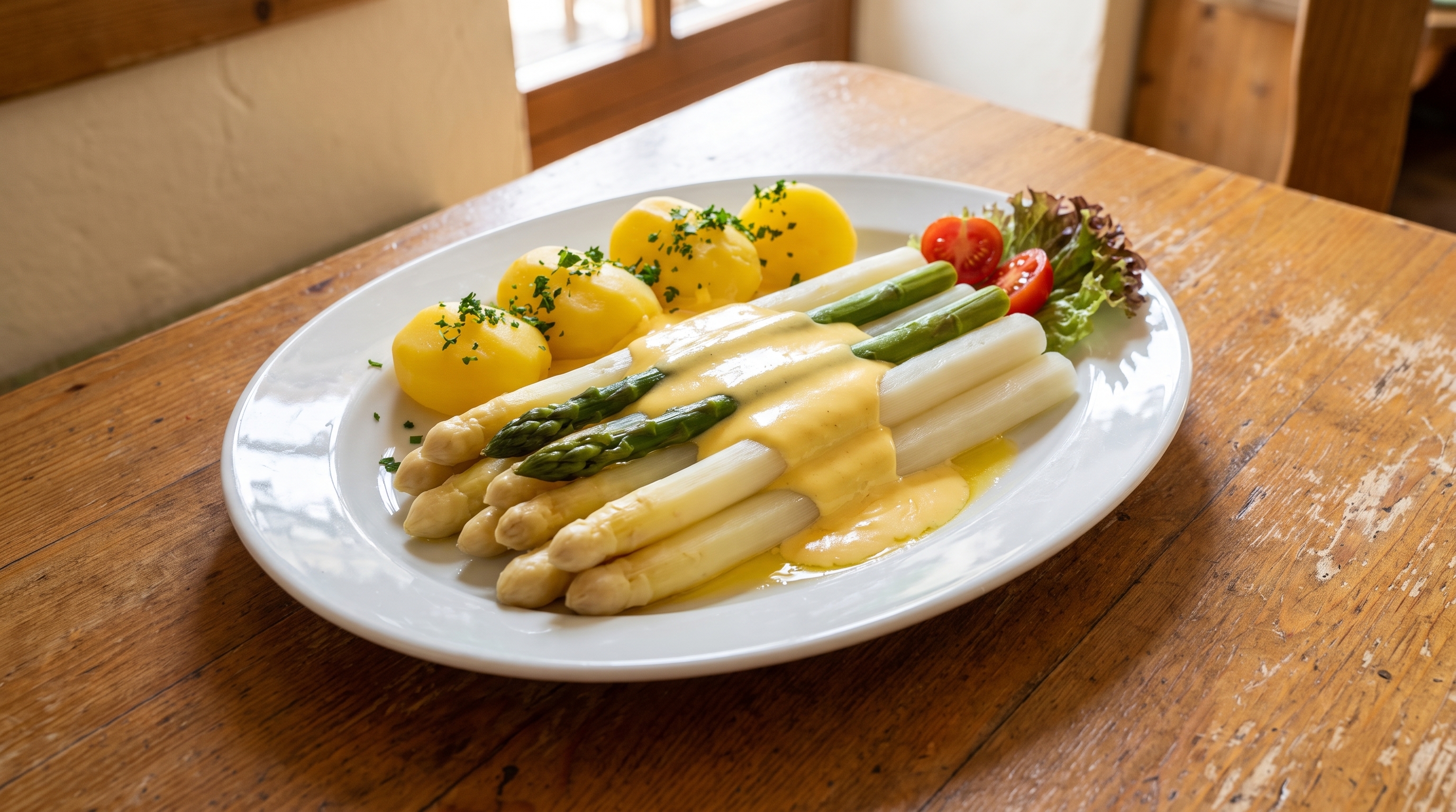 Weißer Spargel mit Sauce Hollandaise und Salzkartoffeln