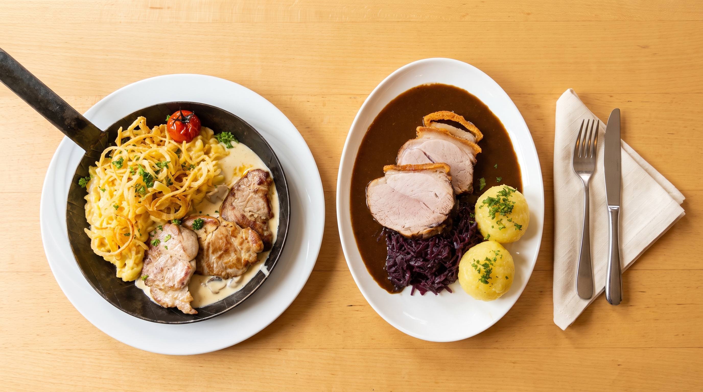 Schwabenpfanne und Krustenbraten auf einem Zieglerbräu-Tisch.