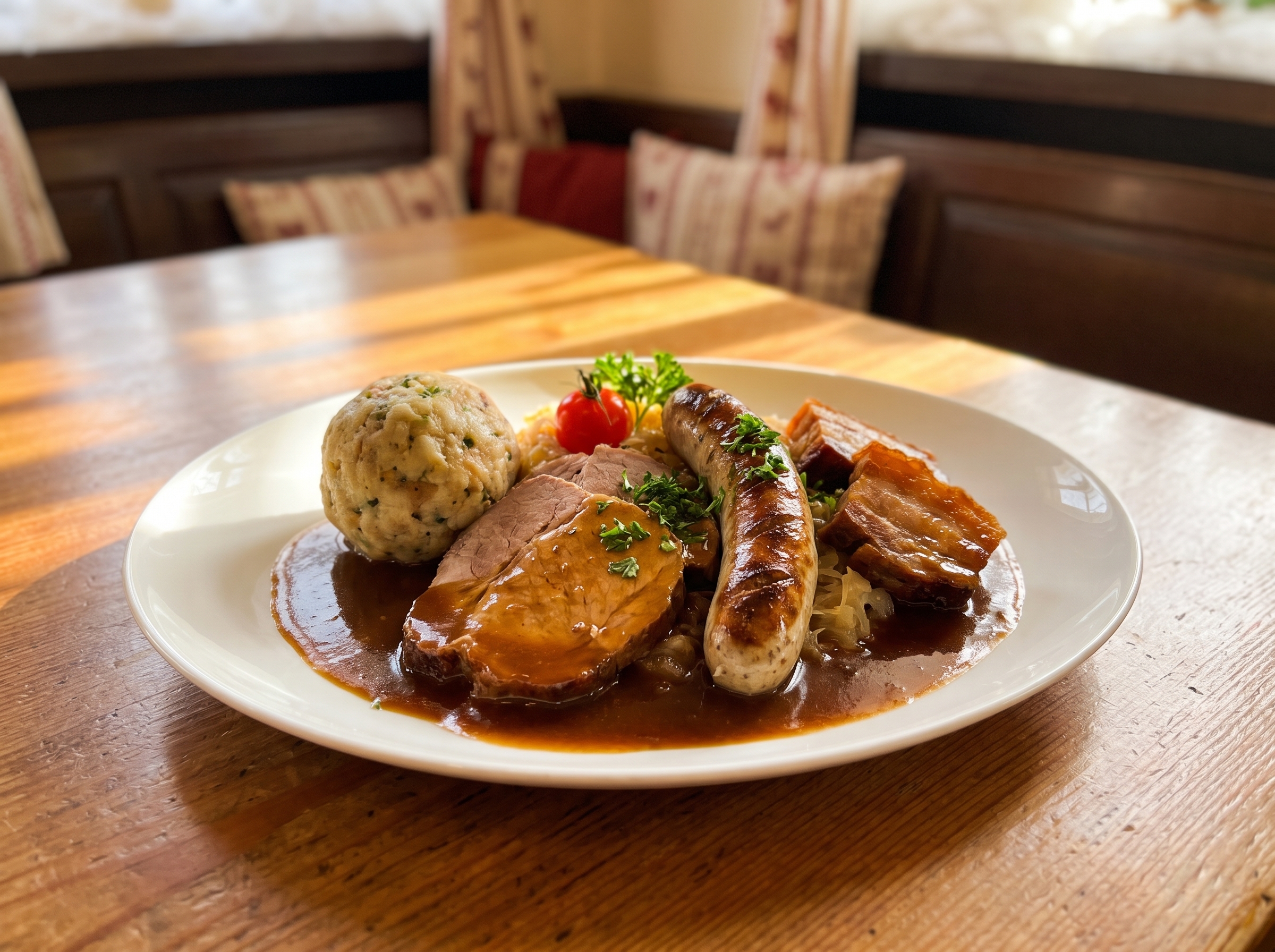 Zieglerbräu Himmelsglück mit Braten, Bratwurst, Bauch, Knödel und Soße.