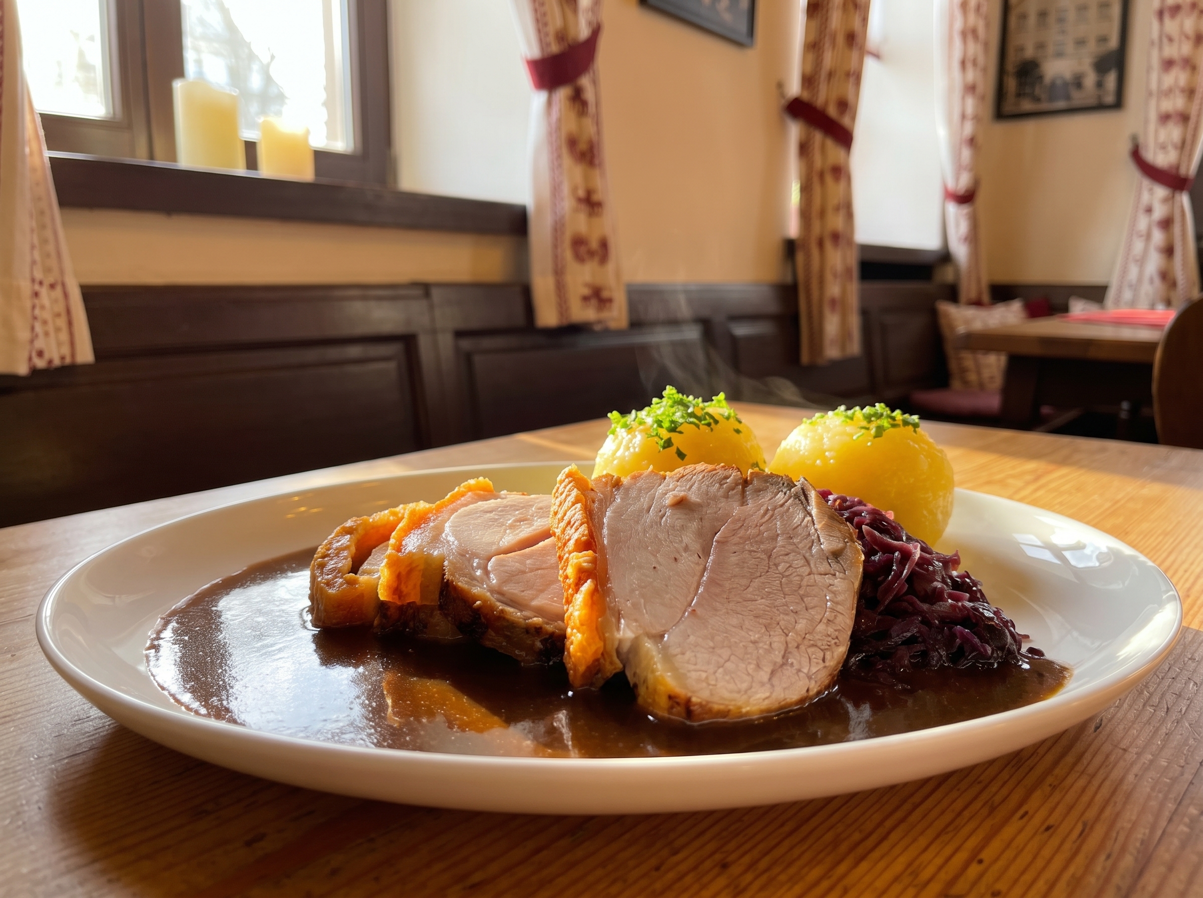 Krustenbraten mit Dunkelbiersoße, Knödeln und Blaukraut im Zieglerbräu.