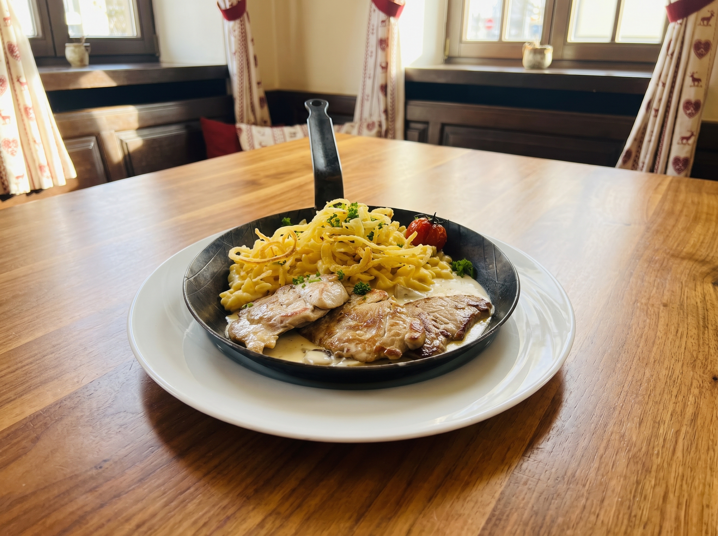 Schwabenpfanne mit Schweinemedaillons und Käsespätzle im Zieglerbräu.